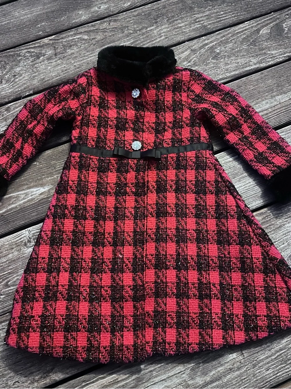 Blueberi Boulevard Black Faux Fur Collar Coat and dress with Red Lining